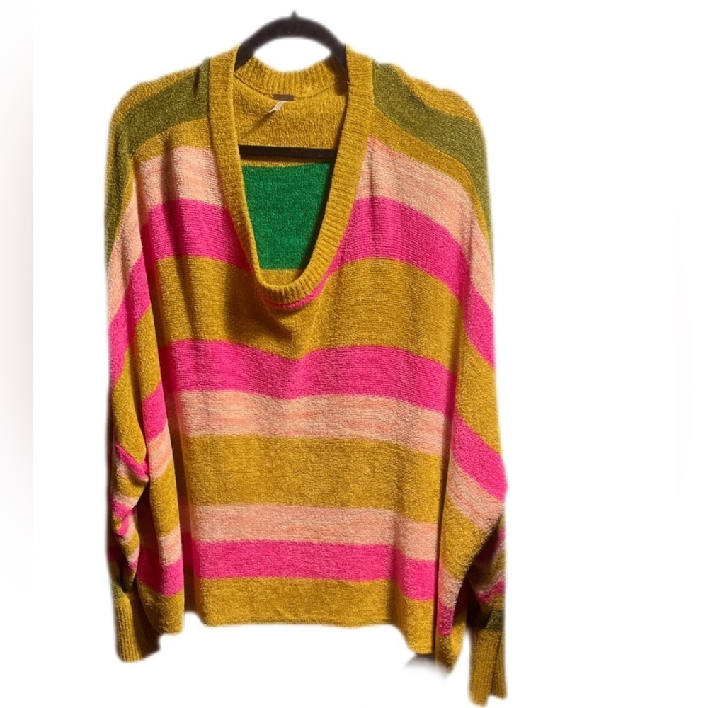 Free People Striped Batwing Sweater Pink Yellow Green Oversized, S - Picture 2 of 5